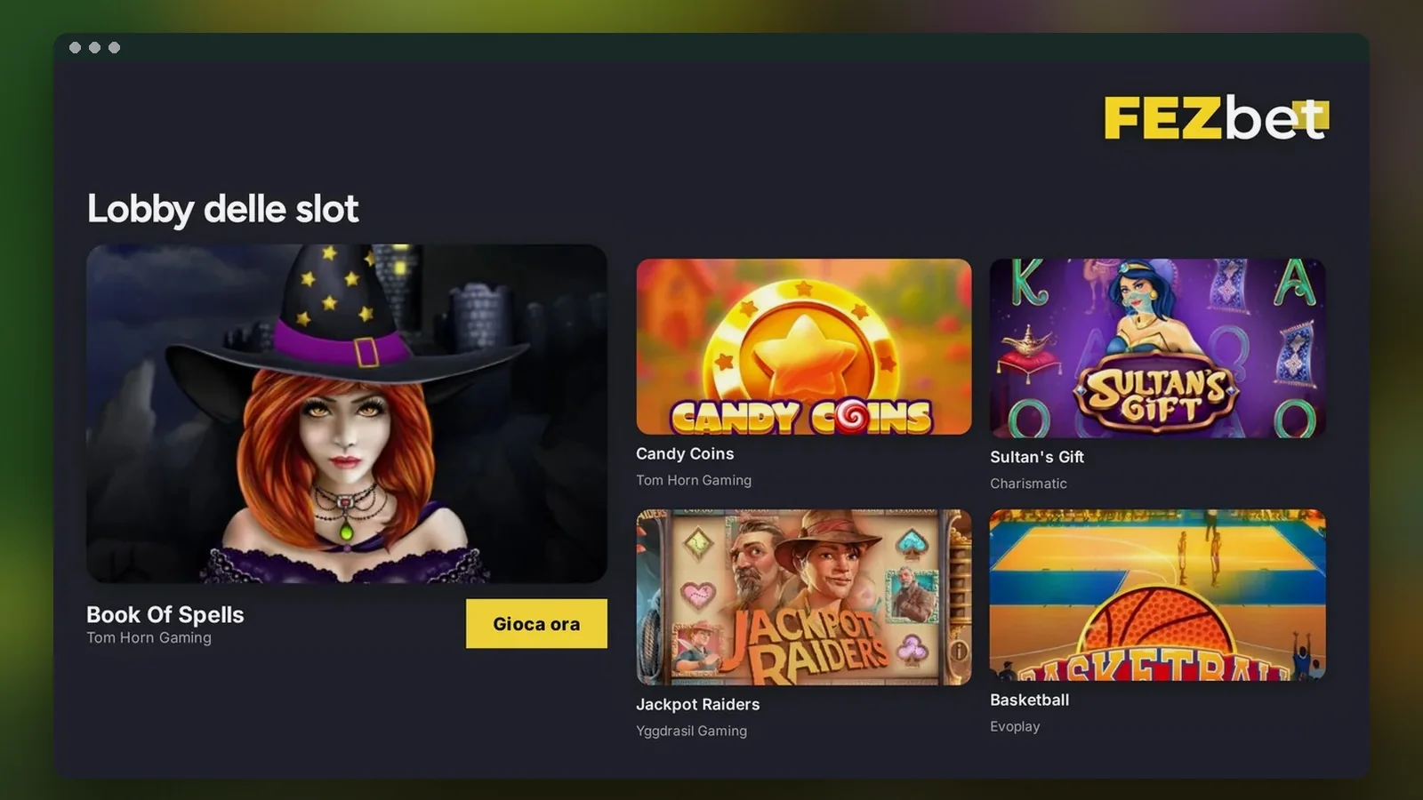 La lobby di Fezbet aperta da telefono con le categorie di gioco
