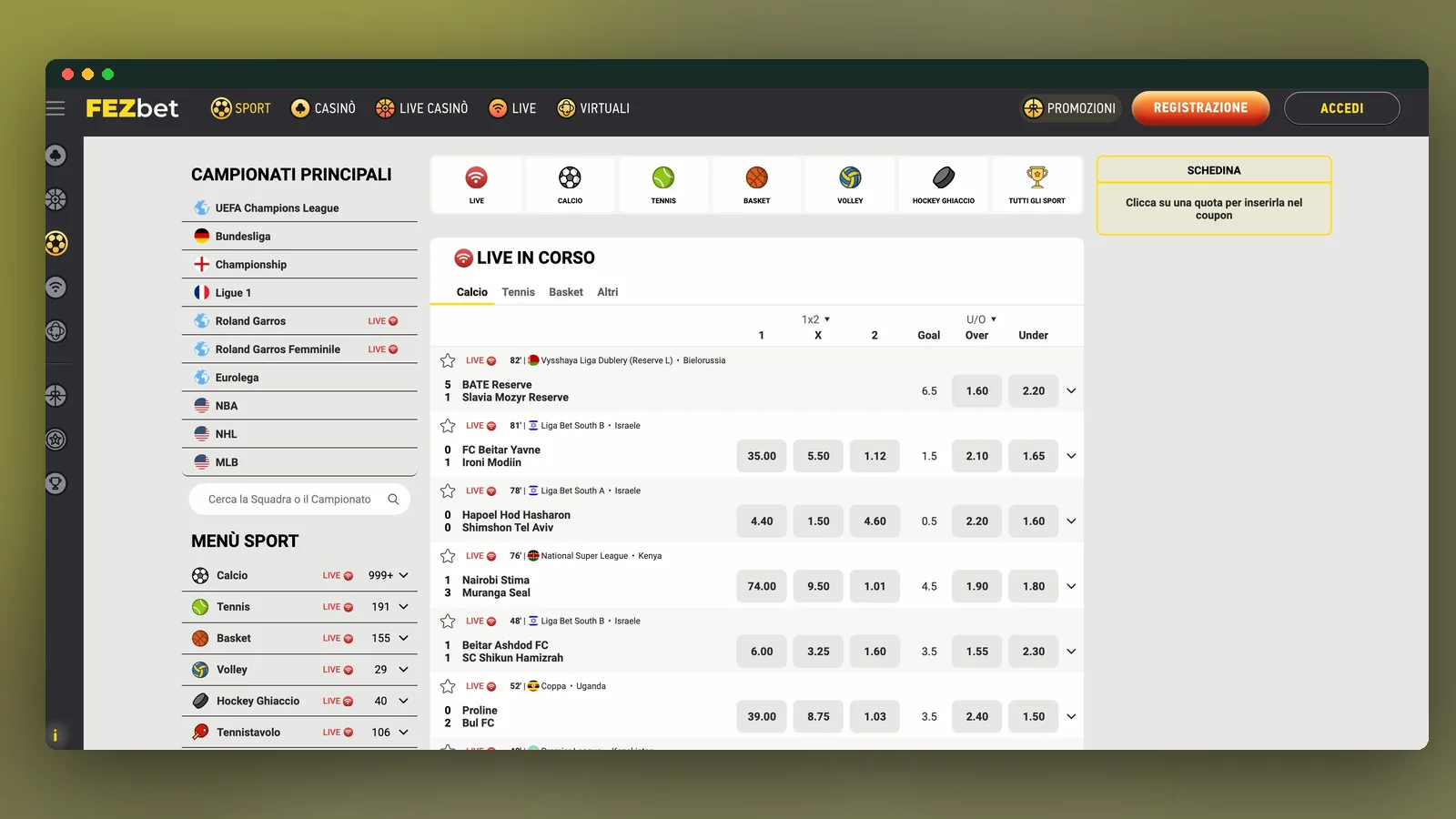 La lobby di Fezbet con categorie slot, live casino e sport