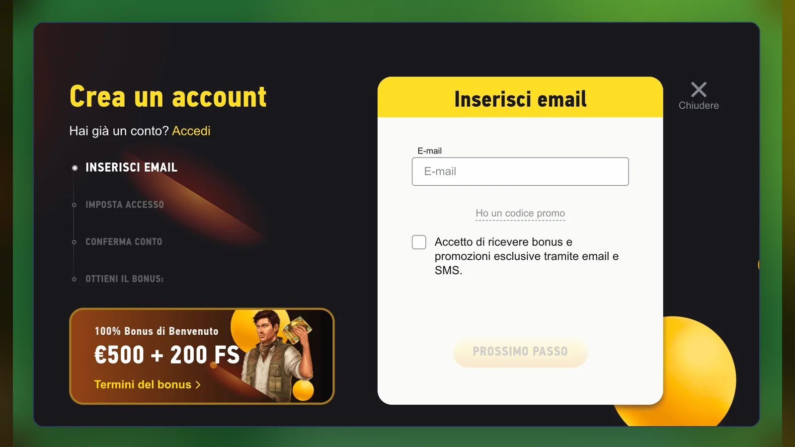 La pagina del bonus di benvenuto con importo e giri gratuiti