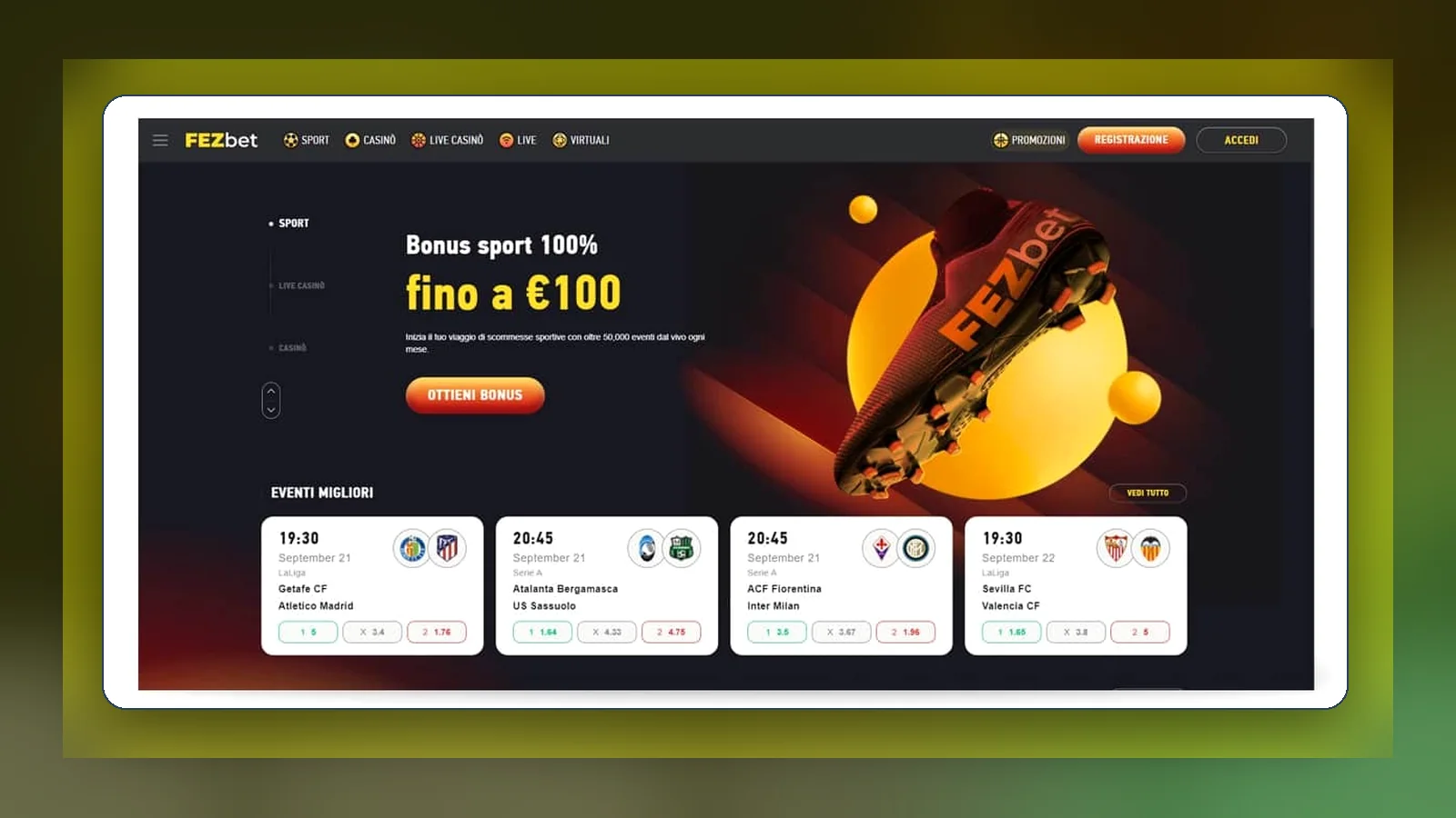 Sezione scommesse sportive con quote in tempo reale