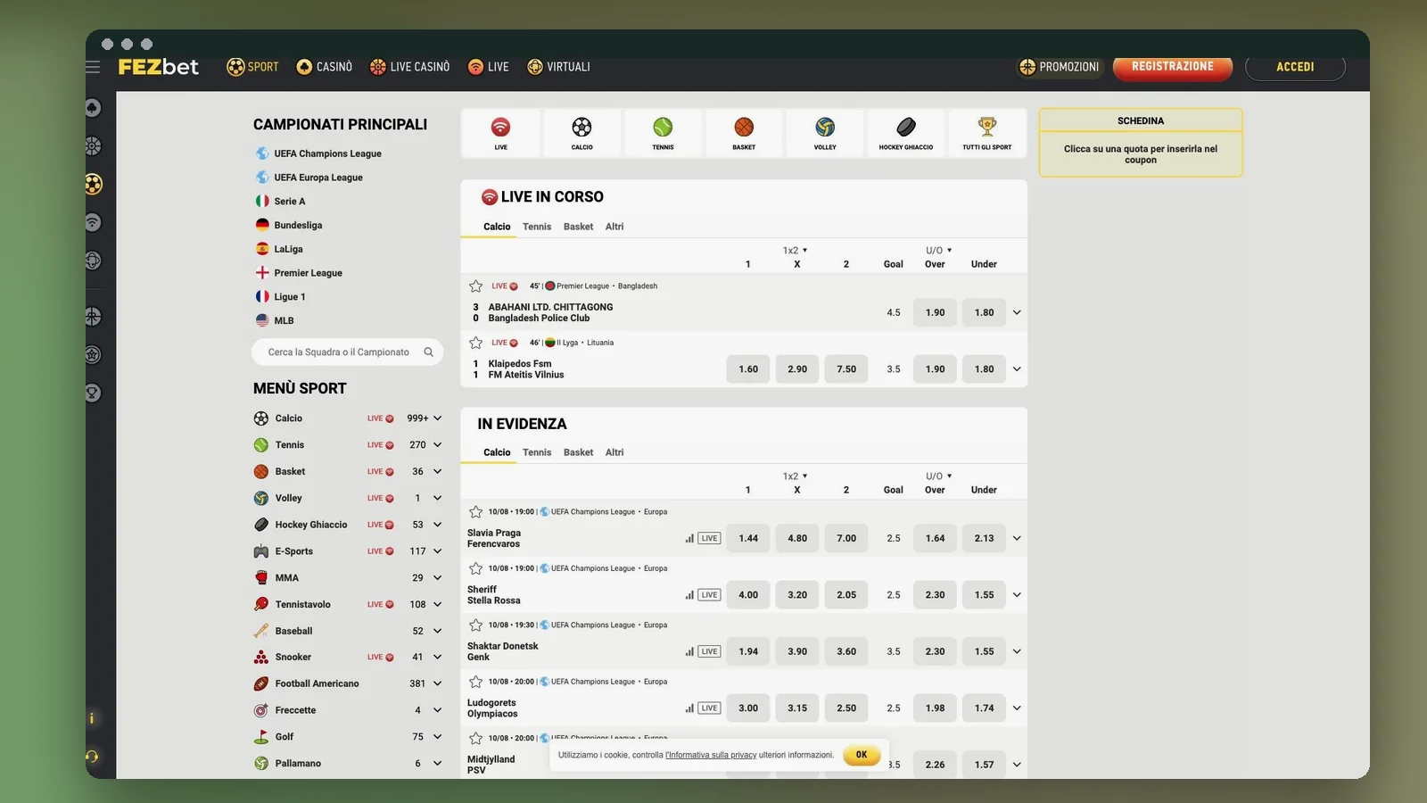 Pagina scommesse sportive con quote e bonus sport