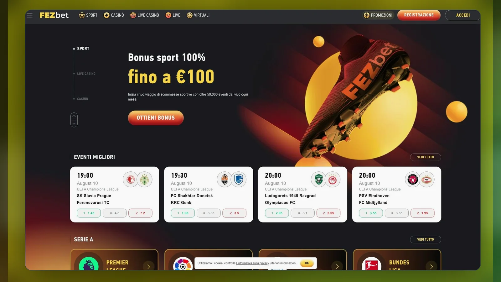 Lobby sport con eventi live e mercati principali