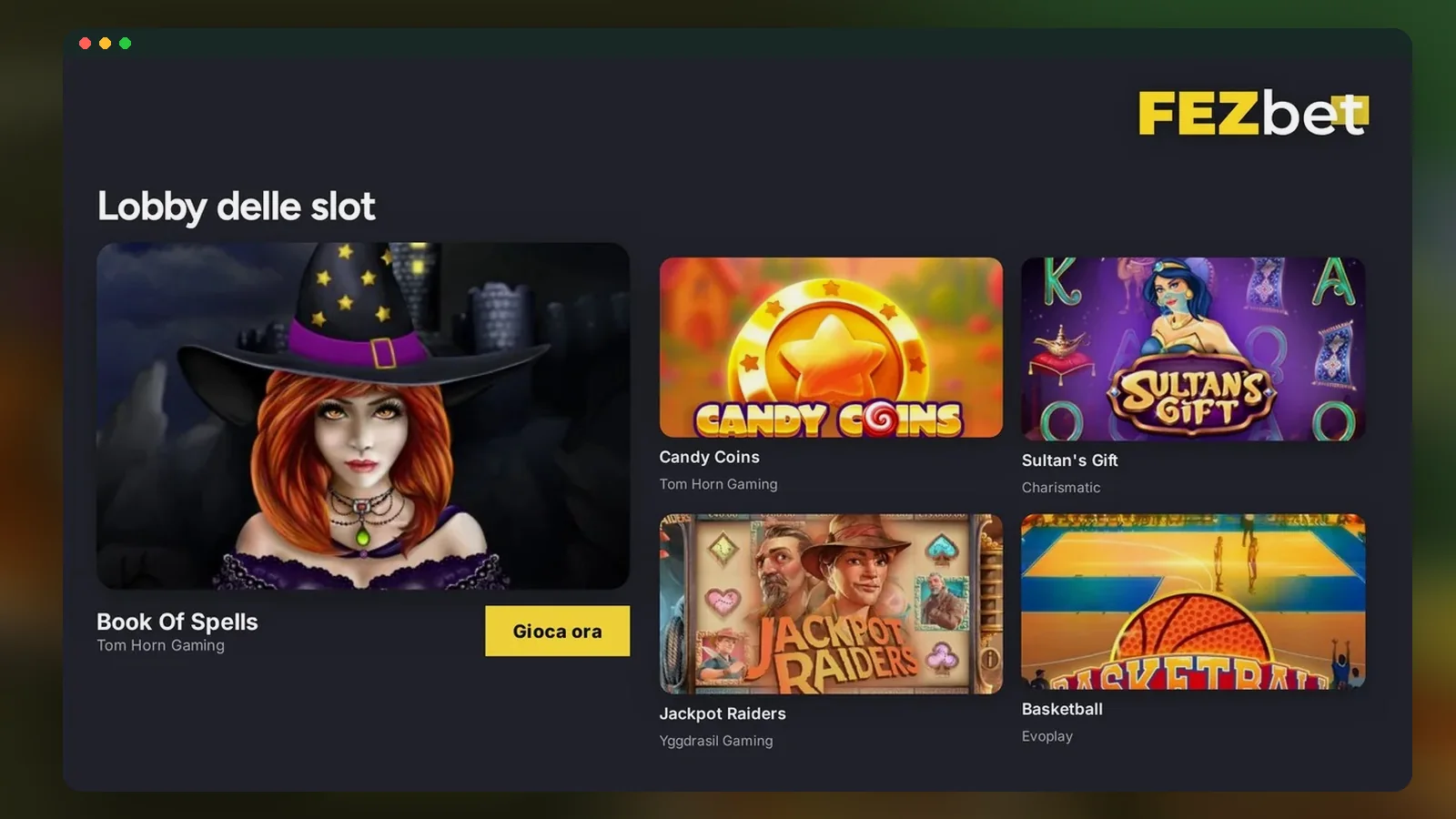 Lobby delle slot con titoli e pulsante di gioco